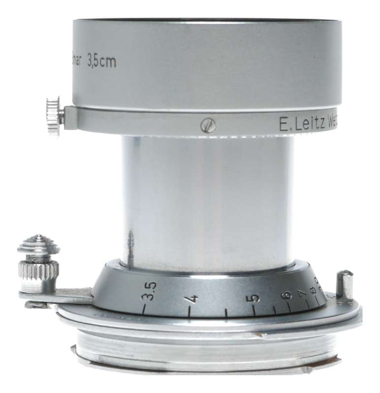Leitz Elmar Red Scale 1:3.5 f=5cm M39 RF coupled with M adapter hood