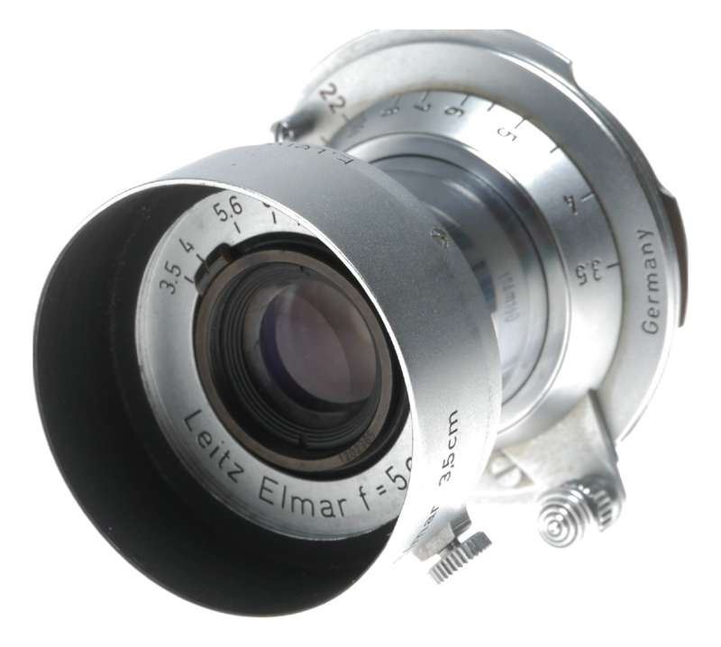 Leitz Elmar Red Scale 1:3.5 f=5cm M39 RF coupled with M adapter hood