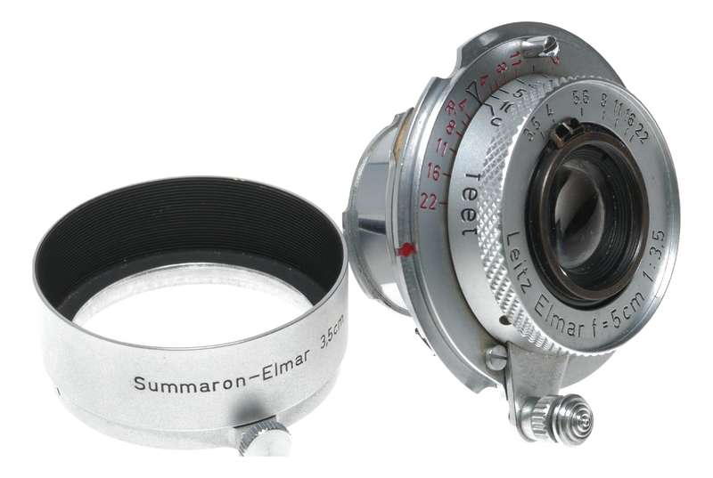 Leitz Elmar Red Scale 1:3.5 f=5cm M39 RF coupled with M adapter hood