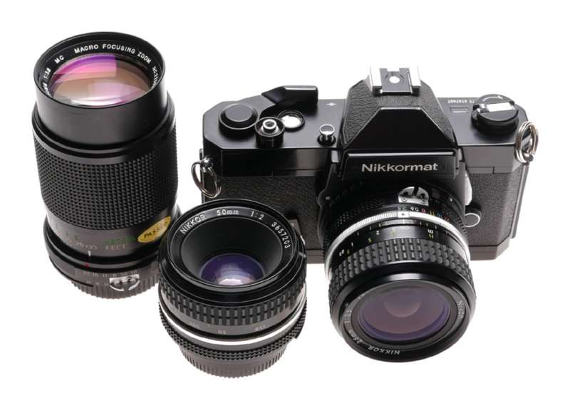 Nikkormat Black SLR camera kit with 3x lenses cased vintage 35mm film outfit