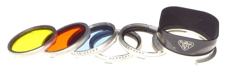 Rolleiflex RIII 3 complete filter set in case 5x color filter and lens hood shad