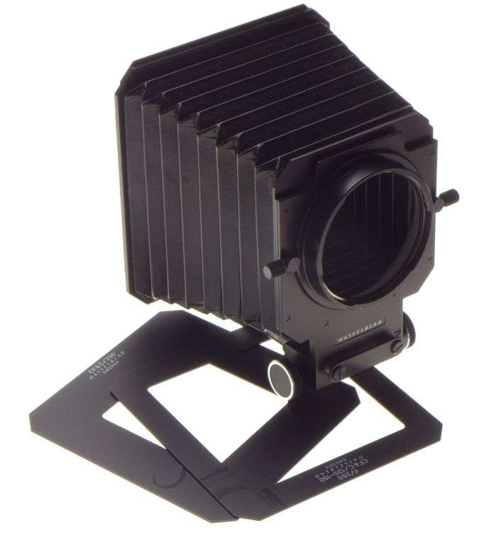 Lens hood Hasselblad bellows front lens attachment shade on rail with masks used