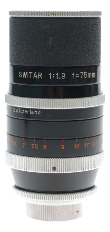 Switar 1:1.9 f=75mm AR Bolex H16 RX film camera lens 1.9/75 mm caps hood
