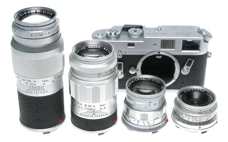 Leica M4 Camera 4 lenses set meter hood case 35mm, 50 Summicron, 90, 135 filters