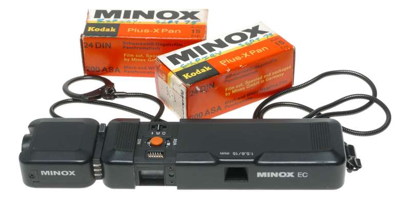 Minox EC spy sub-miniature camera with flash accessory Plus-X Pan expired film