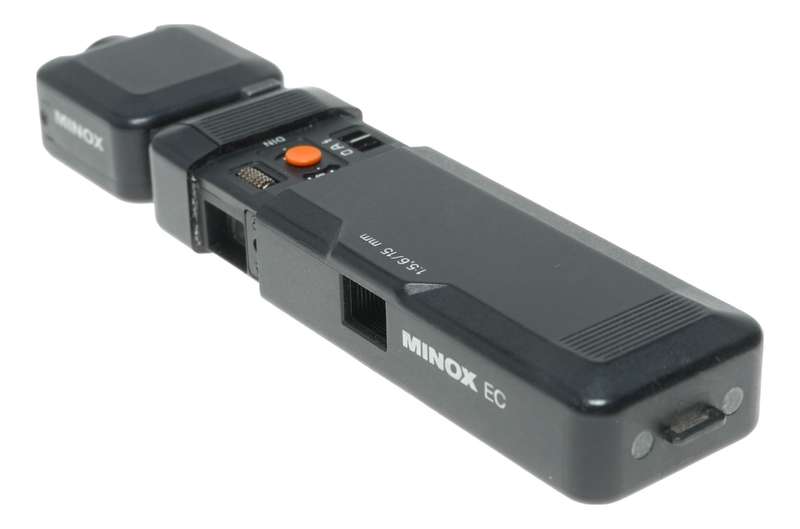 Minox EC spy sub-miniature camera with flash accessory Plus-X Pan expired film