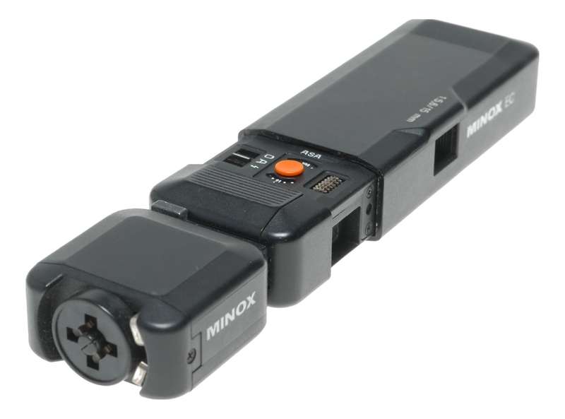 Minox EC spy sub-miniature camera with flash accessory Plus-X Pan expired film