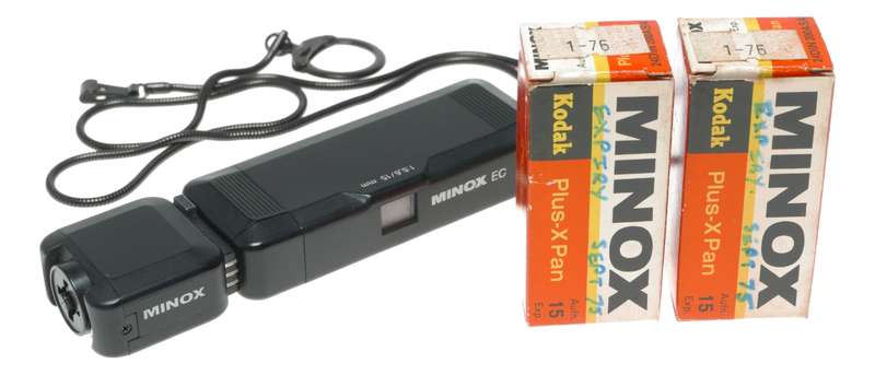 Minox EC spy sub-miniature camera with flash accessory Plus-X Pan expired film
