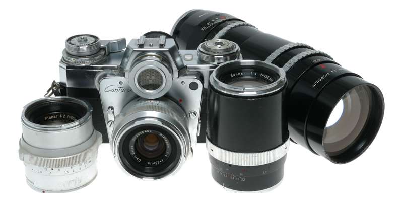 Zeiss Ikon Contarex Bullseye SLR film camera Distagon Sonnar Planar lenses macro bellows in trave...