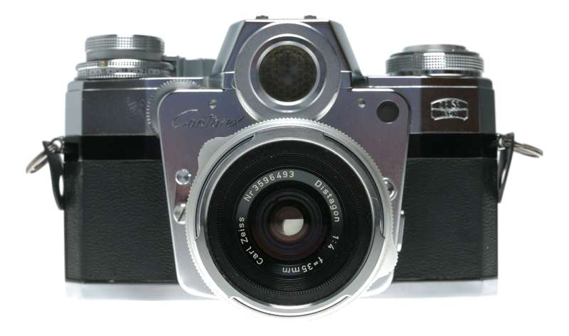 Zeiss Ikon Contarex Bullseye SLR film camera Distagon Sonnar Planar lenses macro bellows in trave...