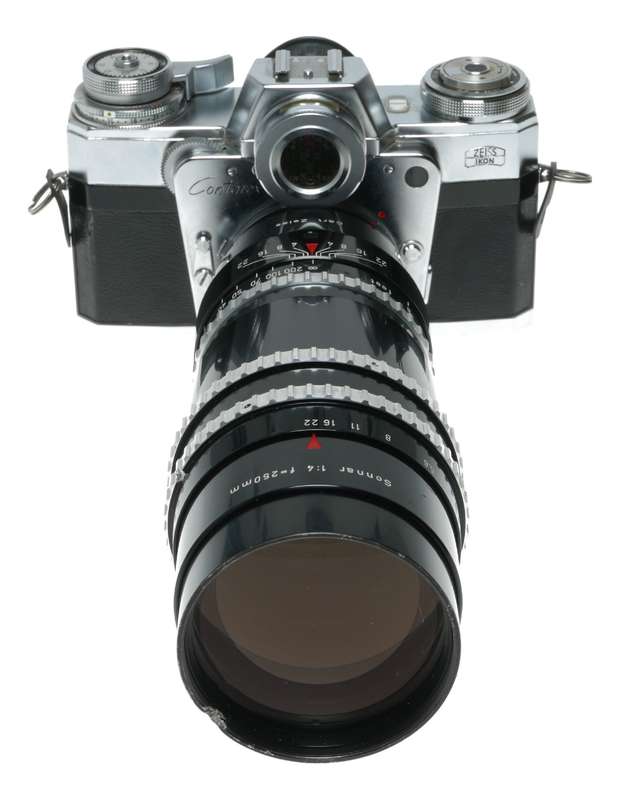 Zeiss Ikon Contarex Bullseye SLR film camera Distagon Sonnar Planar lenses macro bellows in trave...