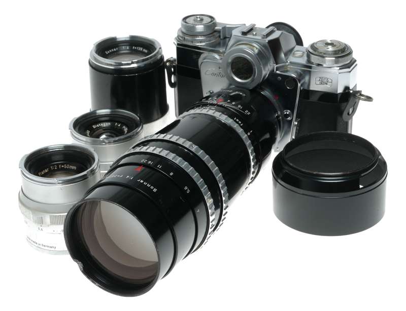 Zeiss Ikon Contarex Bullseye SLR film camera Distagon Sonnar Planar lenses macro bellows in trave...