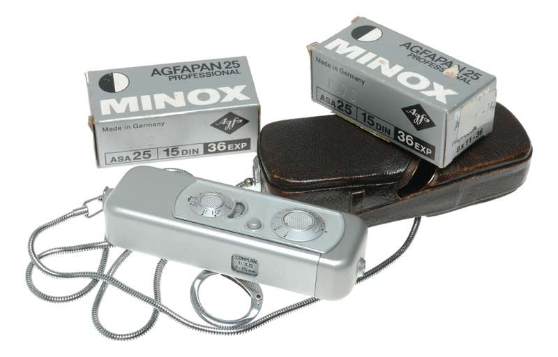 Minox III sub miniature spy film camera in case with chain x2 Agfapan 25 expired film