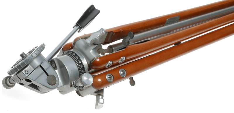 Bolex Paillard wood aluminium extendable camera tripod with level pan tilt head