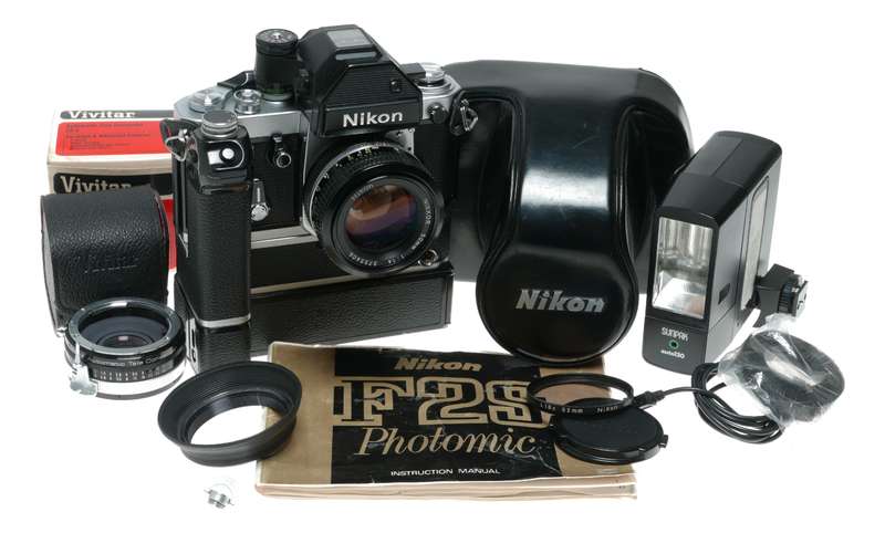 Nikon F2S Photomic SLR film camera Nikkor 1:1.4 50mm MD-2 MB-1 motor flash tele converter