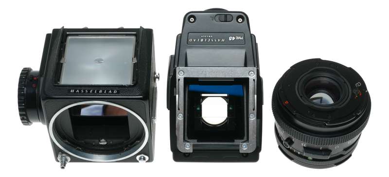 Hasselblad 500 C/M black 6x6 Zeiss Planar 2.8/80 T lens 80/80 hood PME45 finder Excellent