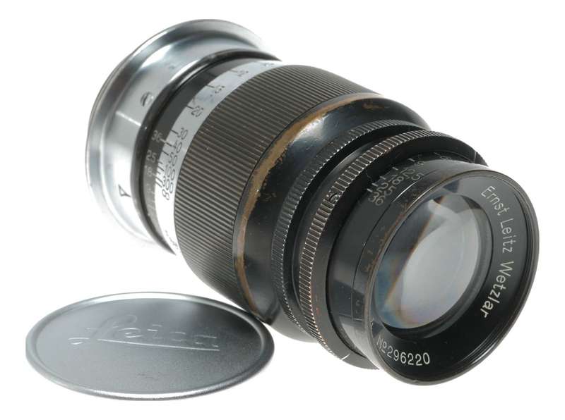 Ernst Leitz Elmar 1:4 f=9cm Leica camera M39 brass black paint lens patina
