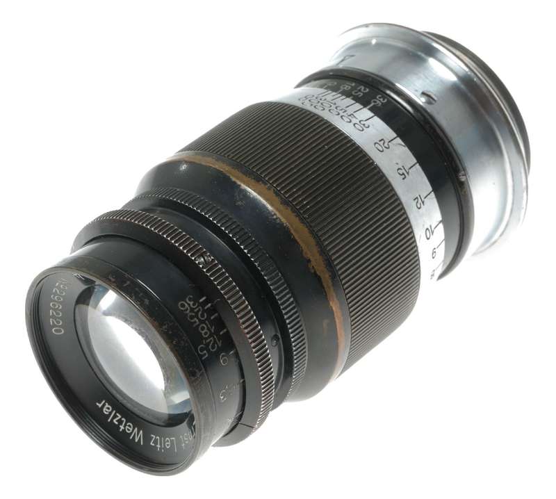Ernst Leitz Elmar 1:4 f=9cm Leica camera M39 brass black paint lens patina