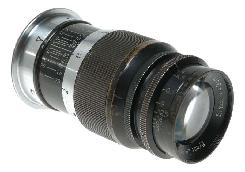Ernst Leitz Elmar 1:4 f=9cm Leica camera M39 brass black paint lens patina