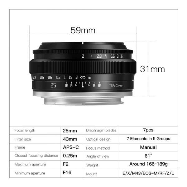 TTArtisan 25mm F2 Manual Focus Lens for Canon EOS-M