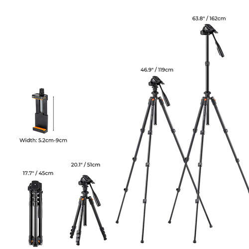 K&F Concept KF09.115 Lightweight Video Travel Tripod with Smartphone Clamp
