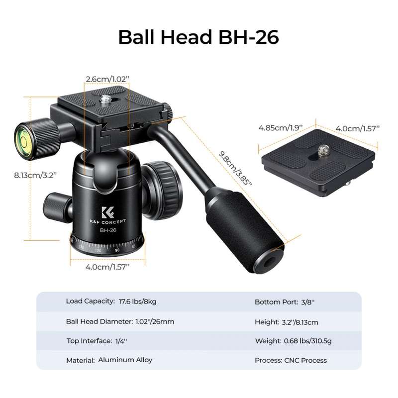 K&F Concept Video Tripod Head & Handle, 360 Degree Rotation 26mm Ball