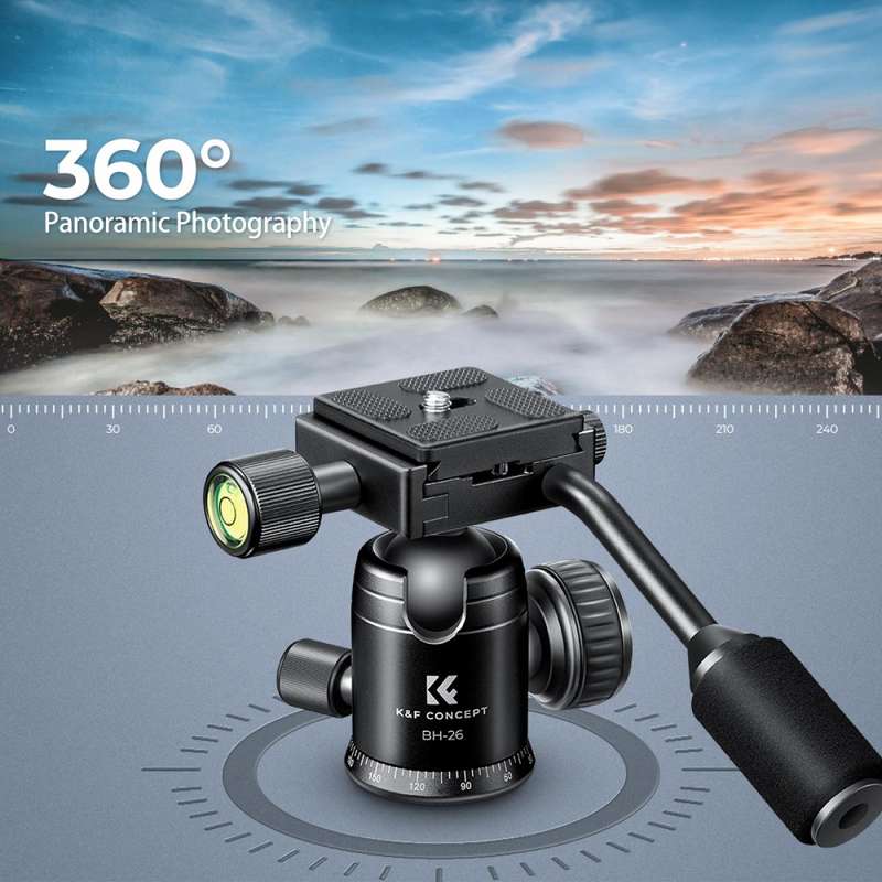 K&F Concept Video Tripod Head & Handle, 360 Degree Rotation 26mm Ball