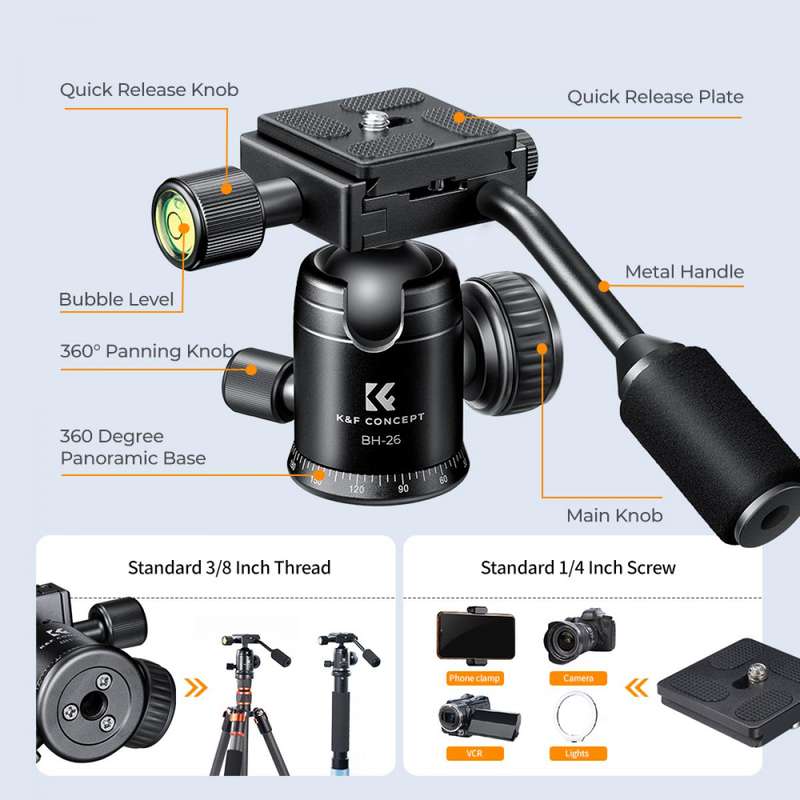 K&F Concept Video Tripod Head & Handle, 360 Degree Rotation 26mm Ball