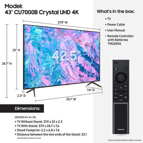 SAMSUNG 43" CU7000 CRYSTAL UHD 4K SMART TV (2023)