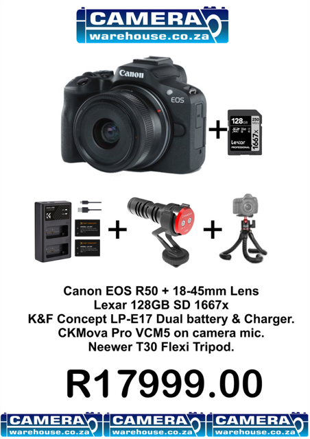 Canon EOS R50 + RF-S 18-45mm Lens Accessory Bundle