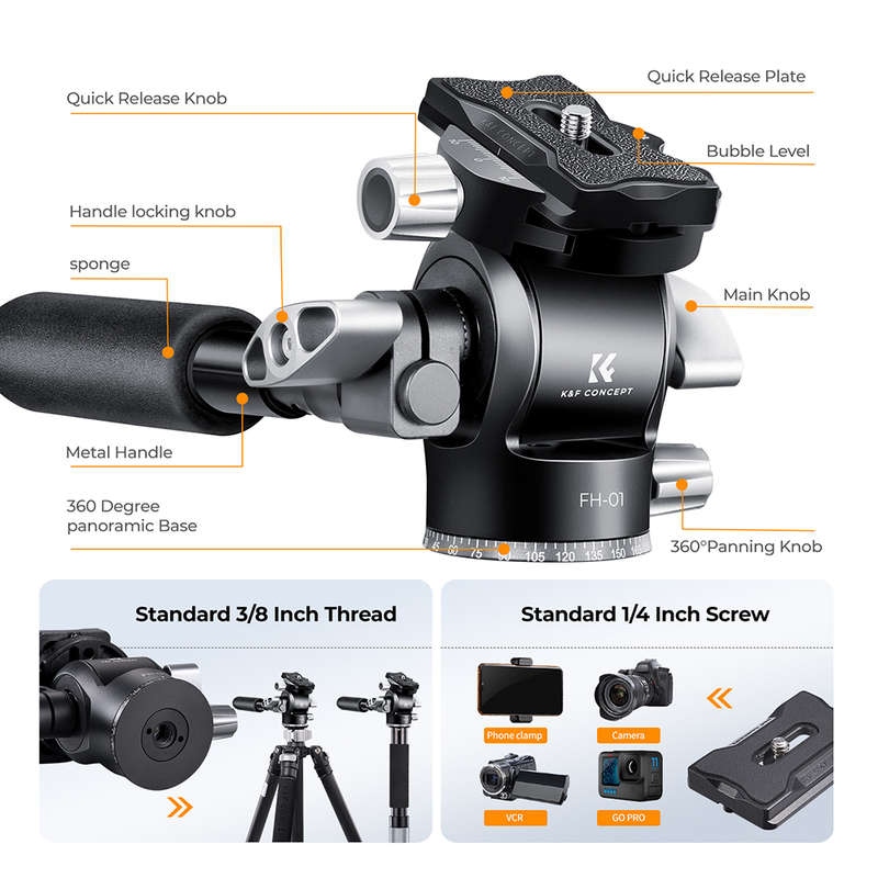 K&F Hydraulic Fluid Tripod Video Head with Handle with 360 Degree Rotation