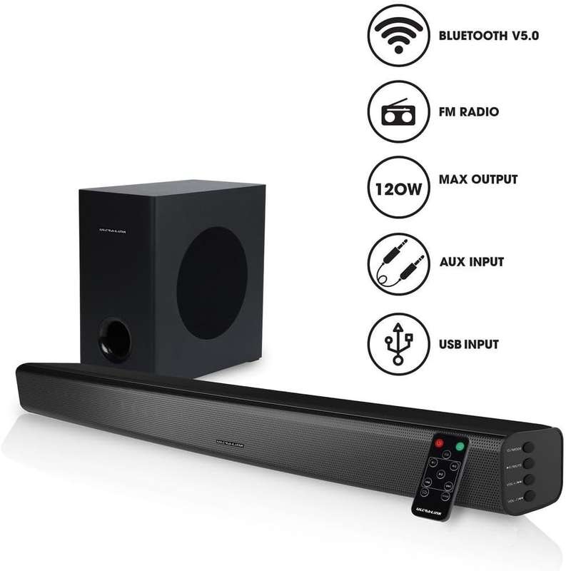 Ultra-Link Jive Series 120 Watt, 2.1 Channel, Wired Soundbar with FM Radio