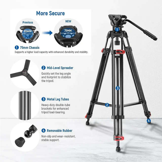 Neewer GM88 188cm Heavy Duty Aluminum Alloy Video Tripod