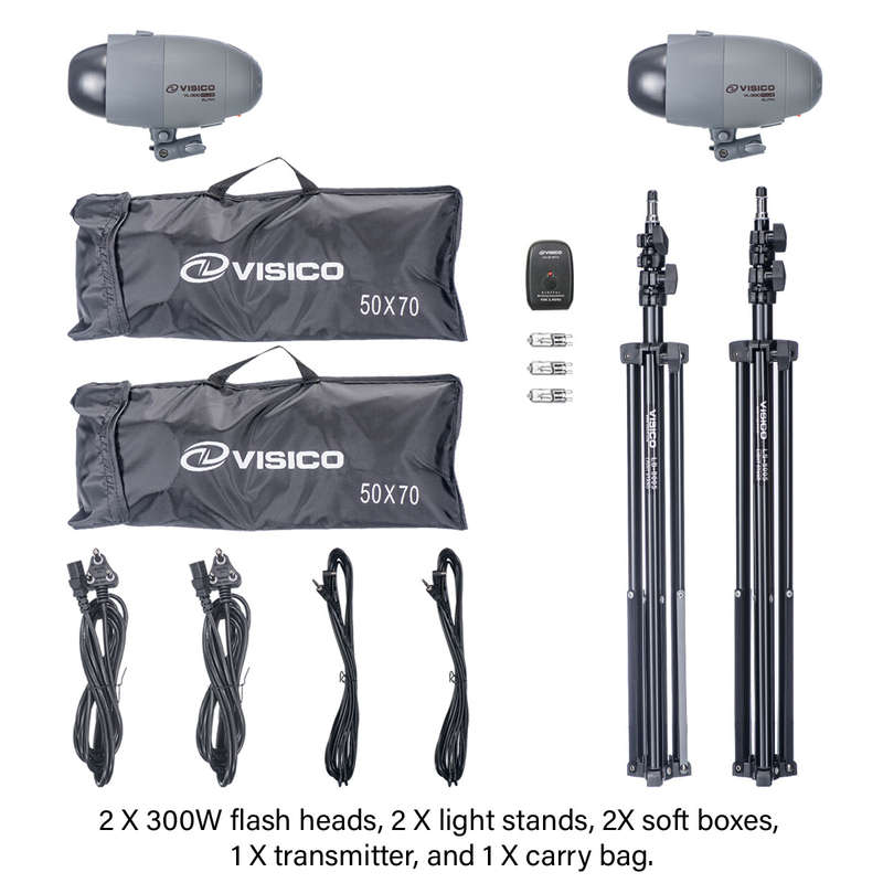 Visico PRO VL 300 PLUS: 2X 300 Watt Flash Head Soft Box Studio Kit