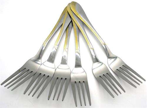 Casey Catering 6 Piece Stainless Steel Dinner Table Forks Set With Gold Wave Design Printed On Ha...