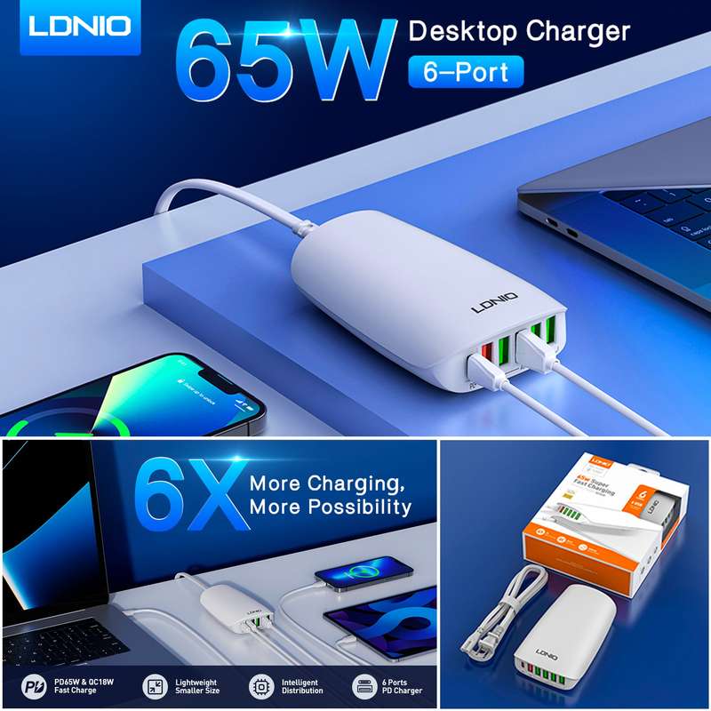 LDNIO Multi-ports Charger 65W Desktop Super Fast Charging Station - White