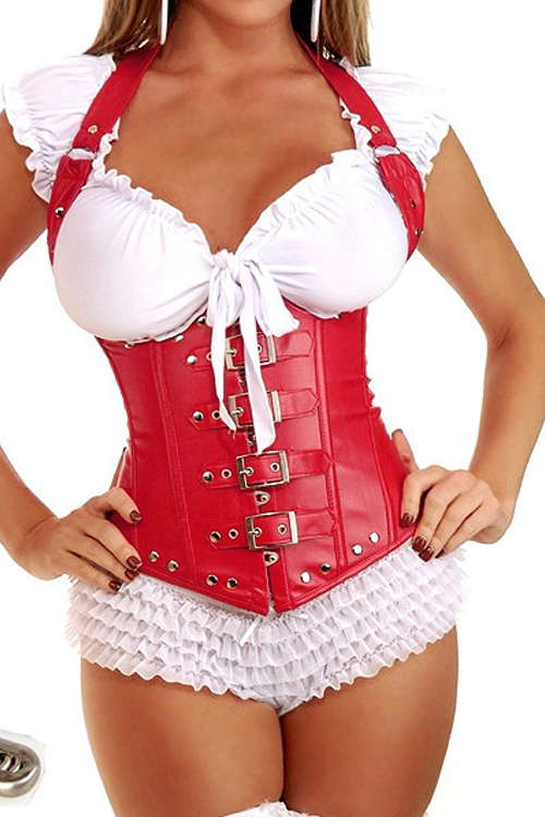 Fetish Red Faux-Leather Waist Training Corset With Halter Straps, Buckles Over Front Zipper and S...