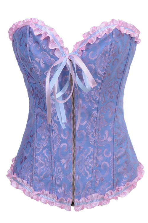Ciel Blue Victorian Corset of Violet Floral Brocade With Combination Ribbon Trim, Sweetheart Neck...
