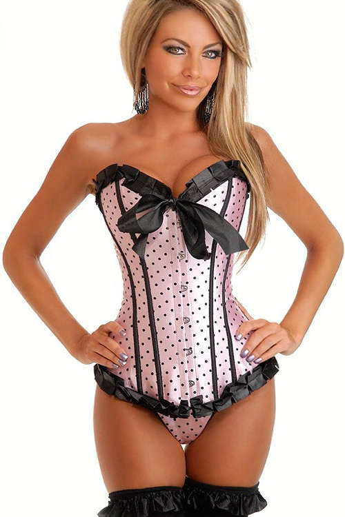 Playful Powder Pink Satin Corset With Black Polka Dots, Ruched Ribbon Trim and Center Bow, Front ...