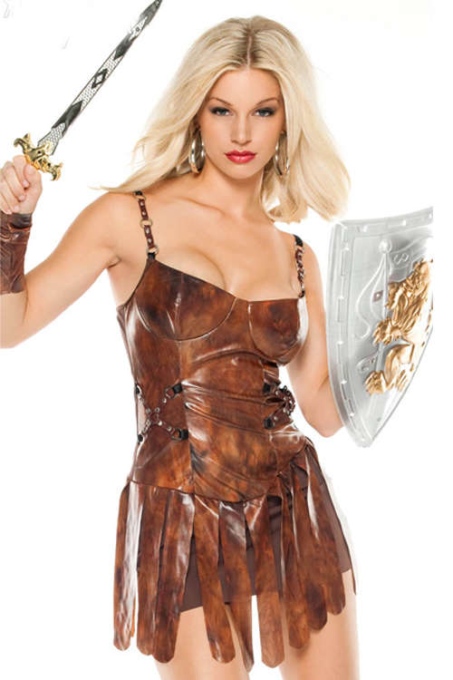 Invigorating Female Warrior Inspired Style With Glossy Dark Rusty Spaghetti Strap Metal Accents a...