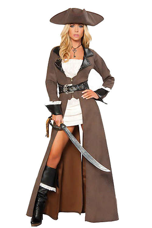 Alluring Pirate Charmer Soft Brown Long Gown Longsleeve Black Edges Pattern Belt Partly Covering ...