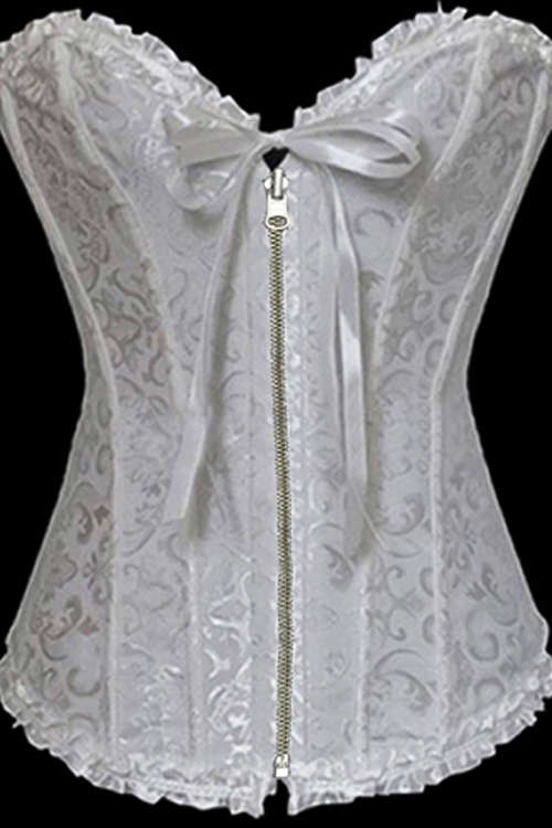White Waist Training Corset of Floral Brocade With Ruffle Ribbon Trim, Sweetheart Neckline, Front...