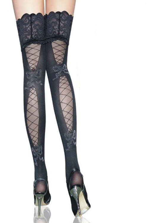 Midnight Black Semi-Sheer Thigh-High Stockings With Lace and Fishnet Back Detail and Seamed Lacy ...