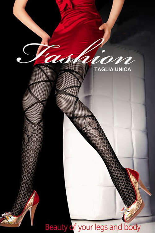 Black Fishnet Style Stockings With Chain Link Print on Bottom, Large Bow Print on Shin, and Zig Z...