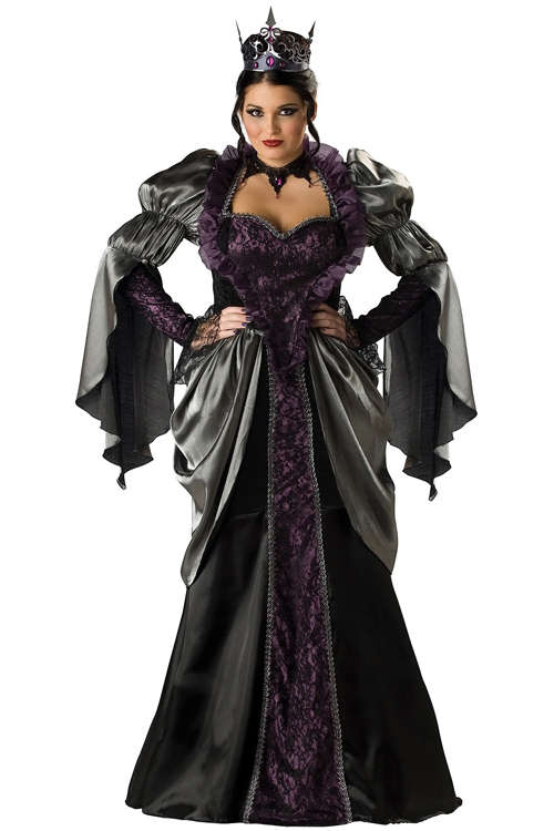 Striking Long Gown Dark Queen Glossy Dark Grey Ruffled Longsleeve Satiny Black Overlaying Violet ...
