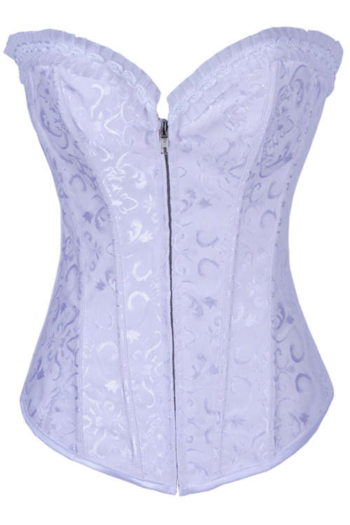 White 12 Steel Boned Victorian Corset With Floral Brocade Pattern and Bust Ruched Trim, Steel Bon...