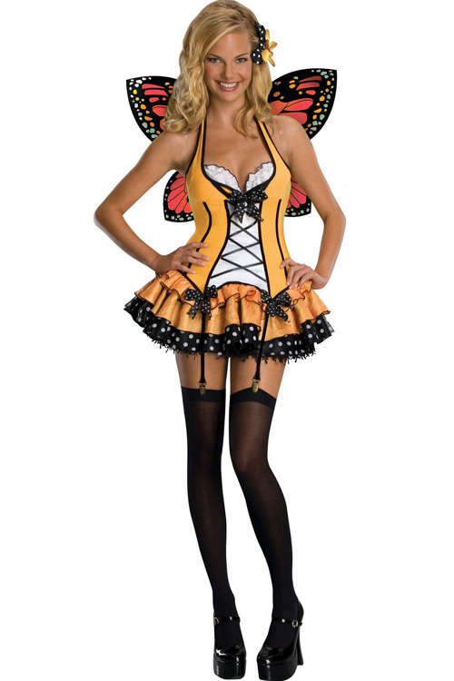 Attractive Butterfly Inspired Look Yellow Orange Tight Top Ruffled Mini Skirt Gorgeous White Spot...