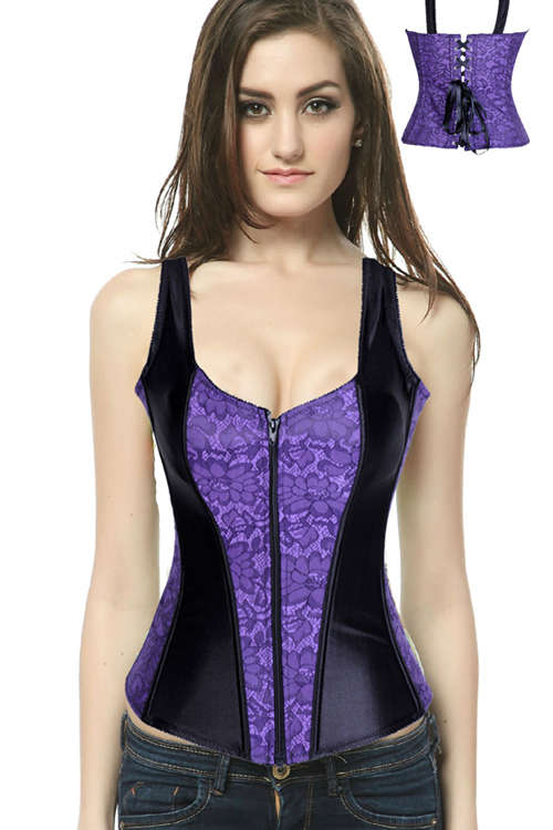 Black Satin Corset With Purple Floral Panels, Shoulder Straps, Zip Up Front, and Satin Lace-up Ba...