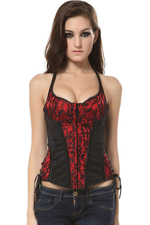 Red and Black Halter-style Corset With Lace Overlay, Lace-up Sides, and Black Satin Ribbon Lace-u...