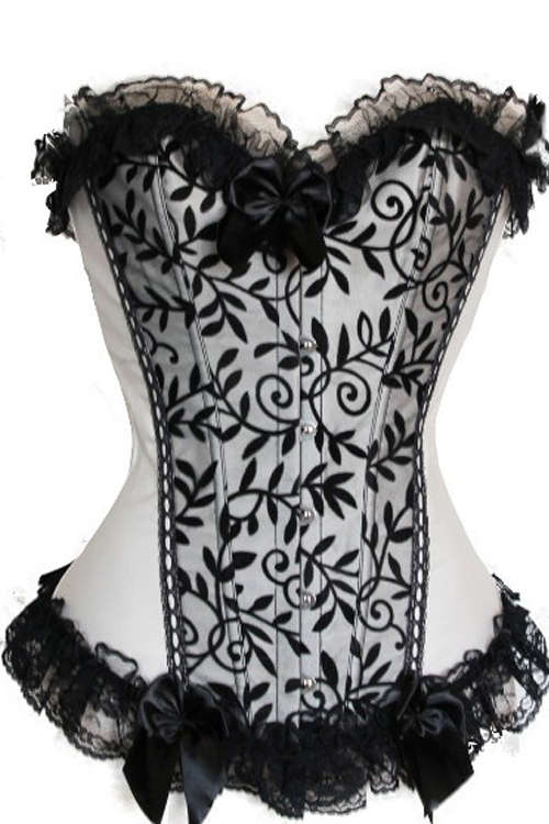 Apricot Corset With Black Floral Pattern on Front Panels, Generous Lace Ruffle Trim and Bows, Fro...